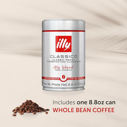 Illy Classico Whole Bean Coffee Medium Roast Classic Roast with Notes Of Caramel Orange Blossom and Jasmine 100% Arabica Coffee No Preservatives, 8.8 Ounce Can (Pack of 1)