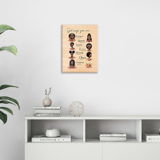African American God Says You Are Wall Art Black Girl Queen Scripture Pictures Wall Decor Fashion Female Canvas Painting Home Modern Artwork Framed for Bathroom Living Room Bedroom Office 20x24 inch