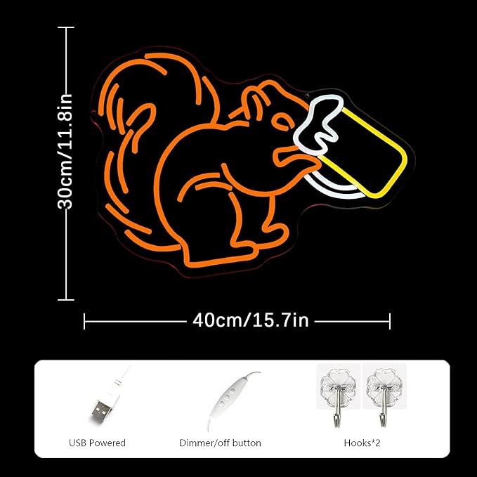 Squirrel Beer Neon Sign for Wall Decor Bar Neon Light Orange Squirrel Drinking Wine Led Light Animal LED Sign Dimmable LED Neon Light for Bar Bedroom Kidsroom Business Game Room