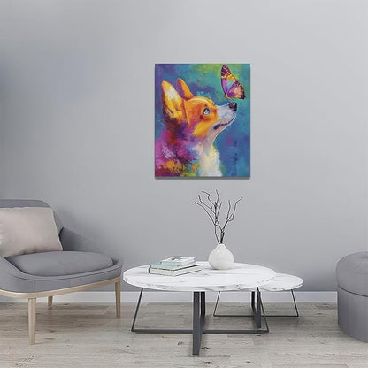 Corgi Kiss Butterfly Wall Art Dog Pictures Wall Decor Dogs Canvas Painting Print Home Modern Artwork Decorations Framed for Bathroom Living Room Bedroom Office 20 x 24 inch