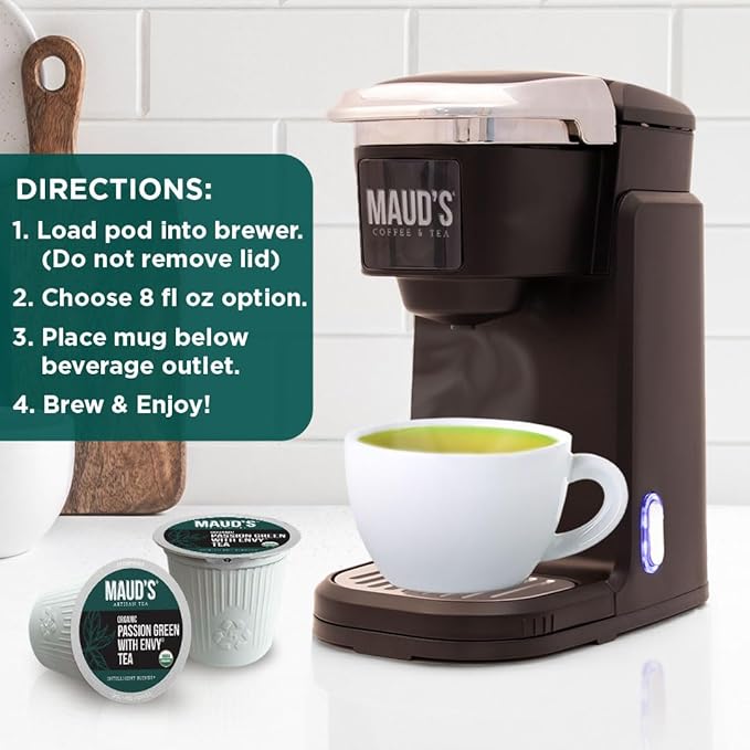 Maud's Organic Passion Green Tea Pods, 48 ct, Recyclable Single Serve Tea Pods – 100% Gourmet Blended Tea Leaves, Compatible with Keurig K Cups Maker