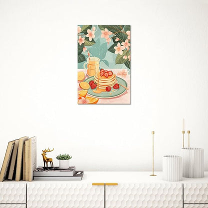 Vintage Food Afternoon Tea Kitchen Wall Art Funny Drinks Fruits Food Pastries Canvas Posters Funky Pink Strawberry Cake Orange Flowers Prints Painting For Living Room Wall Decor 8x10in Framed