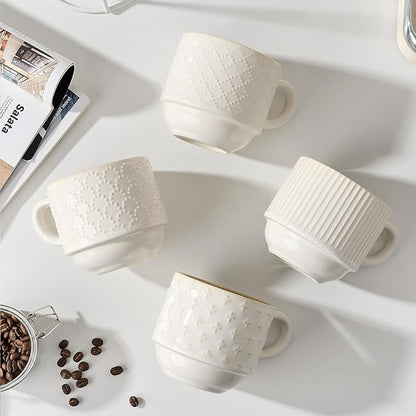JIEMEI HOME Large Ceramic Coffee Mug Set of 4 with Stand, 15 Oz Stackable Different Embossment Ribbed Latte Cup Set for Cappuccino, Tea, Hot Cocoa, Drinks - Dishwasher & Microwave Safe, White & Green