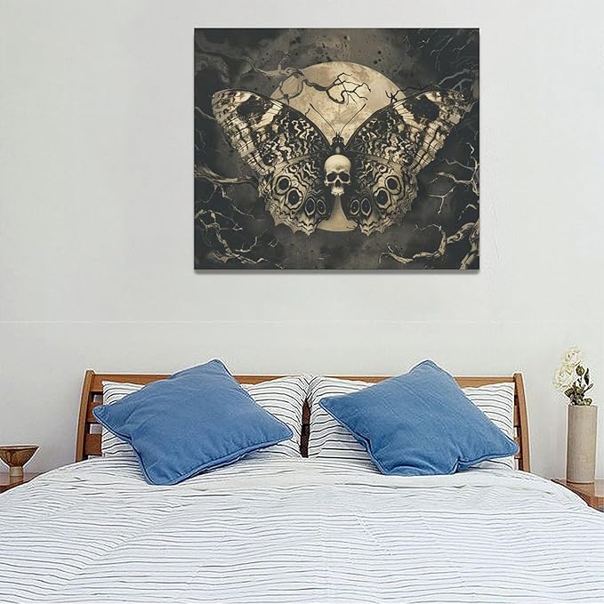 Skull Gothic Wall Art Skeleton Butterfly Dark Spooky Pictures Wall Decor Goth Horror Canvas Painting Home Modern Artwork Decorations Framed for Bathroom Living Room Bedroom Office 24x20 inch