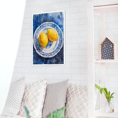 Vintage Yellow Fruit Orange Kitchen Wall Art Funky Blue Dining Table Plates Ceramics Canvas Posters Family Restaurant Food Fruits Prints Painting For Modern Living Room Wall Decor 16x24in Unframed