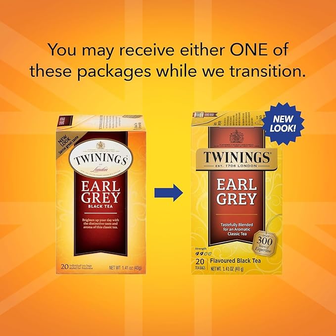 Twinings Earl Grey Black Tea Individually Wrapped Bags, 20 Count (Pack of 1), Flavoured with Citrus and Bergamot, Caffeinated, Enjoy Hot or Iced | Packaging May Vary