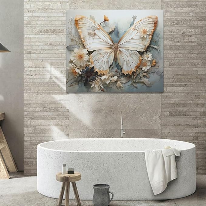Butterfly Flower Decor Wall Art Aesthetic Butterfly Pictures Wall Decor Abstract Butterfly Floral Canvas Painting Modern Artwork Decorations Framed for Bathroom Living Room Bedroom Office 24x20inch