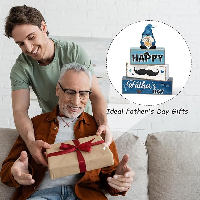 Blosssound 4 Pcs Father's Day Table Decorations Centerpieces Happy Father's Day Wooden Signs Retro Blue White Gnome Block Dad Appreciation Gifts Grandfather Birthday Party Supplies for Shelf Mantel