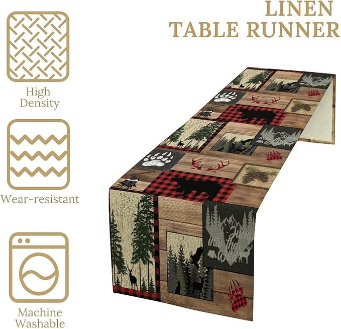 Country Cottage Table Runner, Vintage Bear Deer Elk Moose Rustic Style Linen Table Runner for Home Kitchen Table Decoration, 13x108 Inch