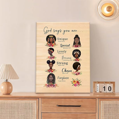 African American God Says You Are Wall Art Black Girl Queen Scripture Pictures Wall Decor Fashion Female Canvas Painting Home Modern Artwork Framed for Bathroom Living Room Bedroom Office 20x24 inch