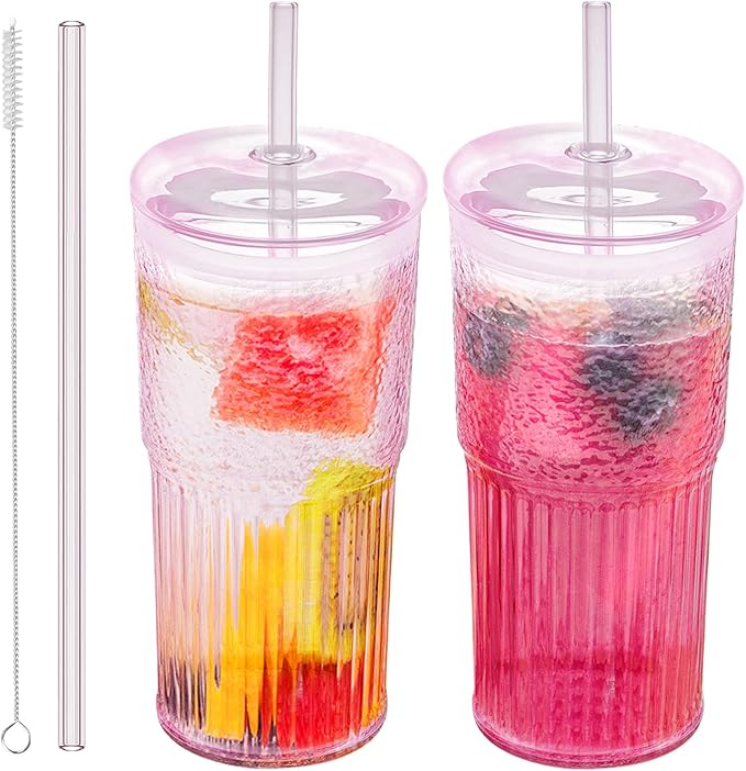 Glass Cups with Lids and Glass Straws, High Borosilicate 20OZ Pink Tumblers (2Pcs) for Coffee, Tea, Juice, Smoothies, Hot & Cold Drinks at Home/Office