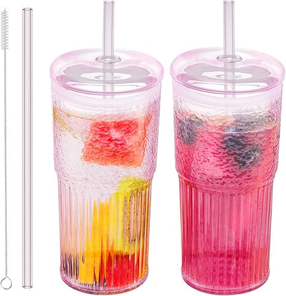 Glass Cups with Lids and Glass Straws, High Borosilicate 20OZ Pink Tumblers (2Pcs) for Coffee, Tea, Juice, Smoothies, Hot & Cold Drinks at Home/Office