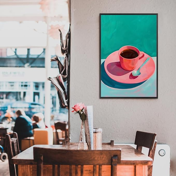 Vintage Afternoon Tea Black Coffee Wall Art Funky Pink Dinner Plate Food Canvas Posters Kitchen Coffee Pictures Prints Painting For Modern Home Dining Room Cafe Restaurant Wall Decor 8x10in Framed