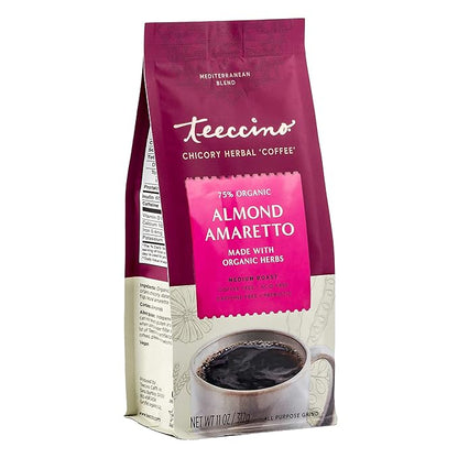 Teeccino Almond Amaretto Chicory Coffee Alternative - Ground Herbal Coffee That’s Prebiotic, Caffeine Free & Acid Free, Medium Roast, 11 Ounce (Pack of 6)