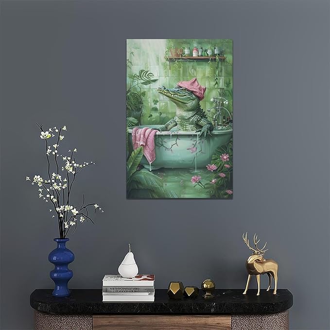 Bathroom Crocodile Wall Art Alligator Bathroom Pictures Wall Decor Funny Toilet Bathroom Canvas Painting Home Modern Artwork Decorations Framed for Restroom 20 x 24 inch