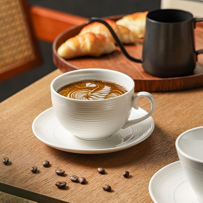 Coffee Cups with Saucers, Cappuccino Mug Set of 4 (10oz), Ceramic White Tea Mugs with Saucers, Microwave and Dishwasher Safe, for Home, Cafe, Bridal Shower, and Housewarming