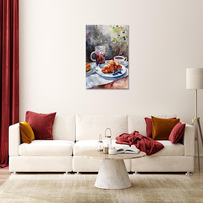 Vintage Coffee Food Kitchen Wall Art Colorful Bread Pastries Drinks Canvas Posters Funky Dining Table Plates Afternoon Tea Prints Painting For Modern Dining Room Cafe Wall Decor 8x10in Framed