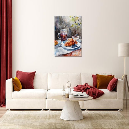 Vintage Coffee Food Kitchen Wall Art Colorful Bread Pastries Drinks Canvas Posters Funky Dining Table Plates Afternoon Tea Prints Painting For Modern Dining Room Cafe Wall Decor 8x10in Framed