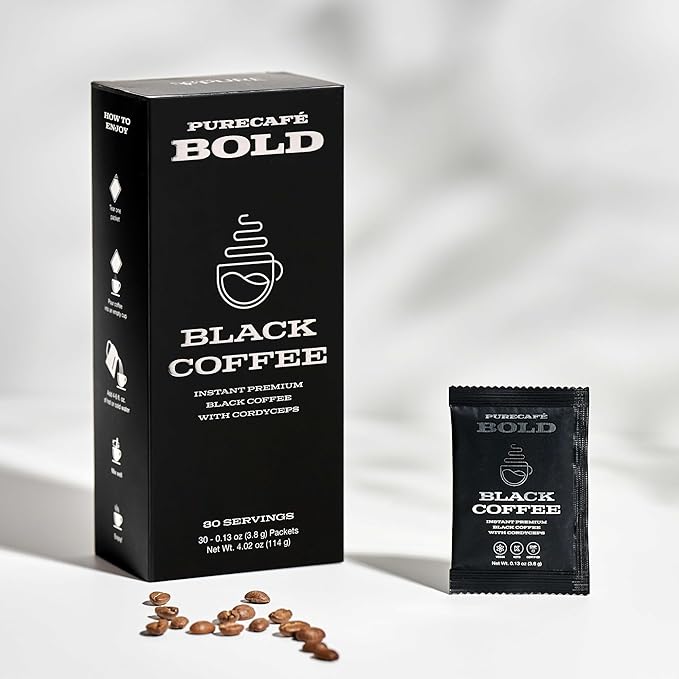PureCafé Bold Black Coffee with Cordyceps | Smooth, Energizing Flavor | Convenient Single-Serve Packets | Supports Focus, Vitality & Wellness | 30 Servings
