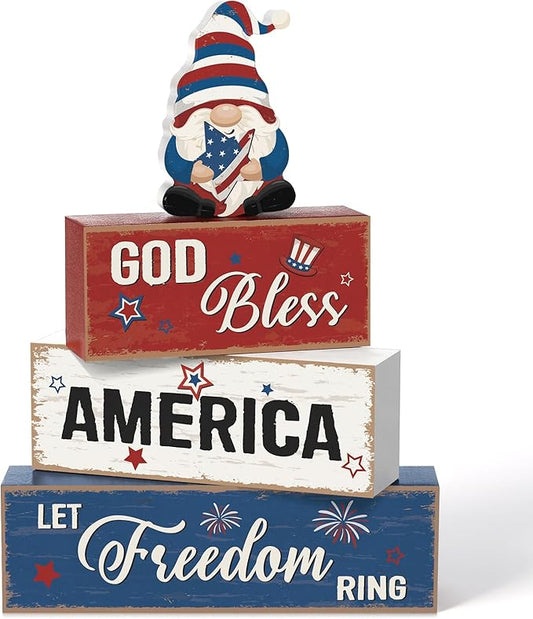 Blosssound 4 Pcs Patriotic Table Decorations Centerpieces 4th of July Wooden Signs Gnome Red White and Blue God Bless America Wood Block Gifts for Independence Memorial Day Tiered Tray Mantel Shelf