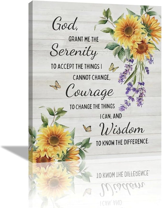 Serenity Prayer Wall Decor Christian Religious Sunflower Pictures Inspirational Bible Verses Scripture Canvas Wall Art God Painting Home Modern Artwork Framed for Living Room Bedroom Office 20x24inch
