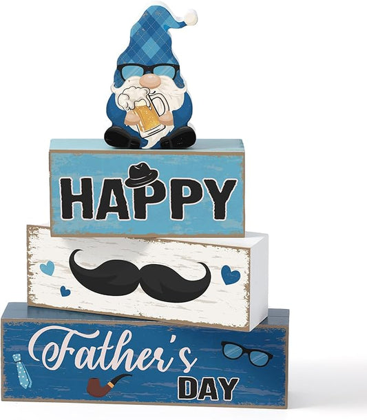 Blosssound 4 Pcs Father's Day Table Decorations Centerpieces Happy Father's Day Wooden Signs Retro Blue White Gnome Block Dad Appreciation Gifts Grandfather Birthday Party Supplies for Shelf Mantel