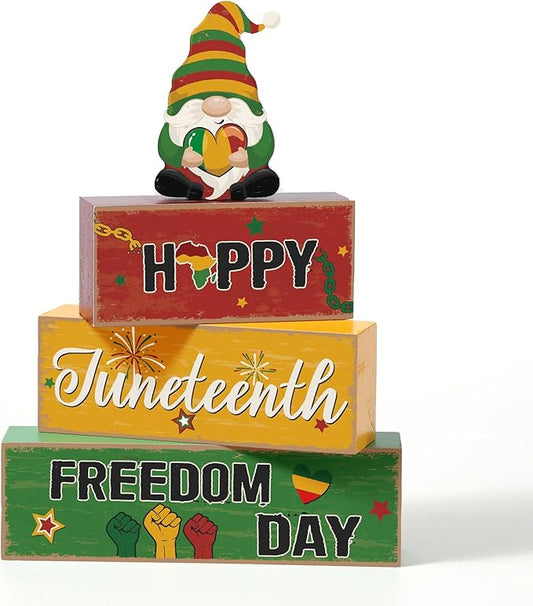 Blosssound 4 Pcs Juneteenth Table Decorations Centerpieces Happy Juneteenth Day Wooden Signs Gnome Freedom Day Wood Block Gifts for 1865 Black American Independence Party Tiered Tray Mantel Shelf