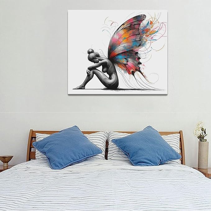 Butterfly Girl Wall Decor Colorful Butterfly Wings pictures Canvas Wall Art Female Woman Painting Girl Room Decor Artwork Decorations Framed for Bedroom Bathroom living Room Office 24 x 20 inch