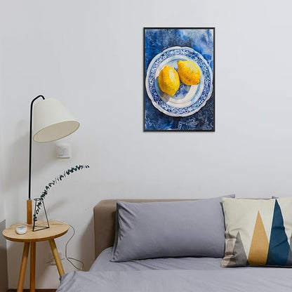 Vintage Yellow Fruit Orange Kitchen Wall Art Funky Blue Dining Table Plates Ceramics Canvas Posters Family Restaurant Food Fruits Prints Painting For Modern Living Room Wall Decor 16x24in Framed