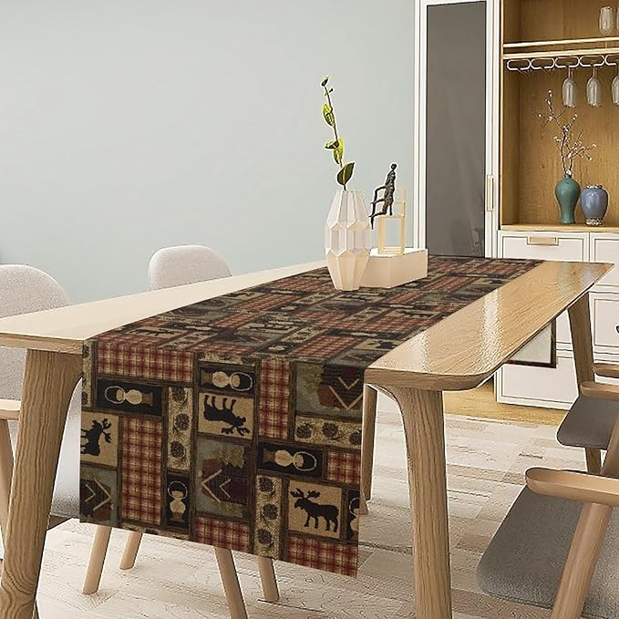 Country Cottage Table Runner, Vintage Bear Deer Elk Moose Rustic Style Linen Table Runner for Home Kitchen Table Decoration, 13x36 Inch