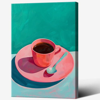 Vintage Afternoon Tea Black Coffee Wall Art Funky Pink Dinner Plate Food Canvas Posters Kitchen Coffee Pictures Prints Painting For Modern Home Dining Room Cafe Restaurant Wall Decor 8x10in Framed