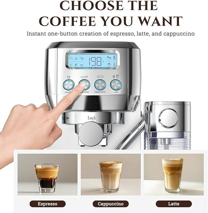 AMZCHEF Espresso Machine with LCD Display, 20 Bar Cappuccino Machines with Automatic Milk Frother for Home Gifts, Latte Coffee Maker with Dual Wall & Filters, Stainless Steel Style Pink