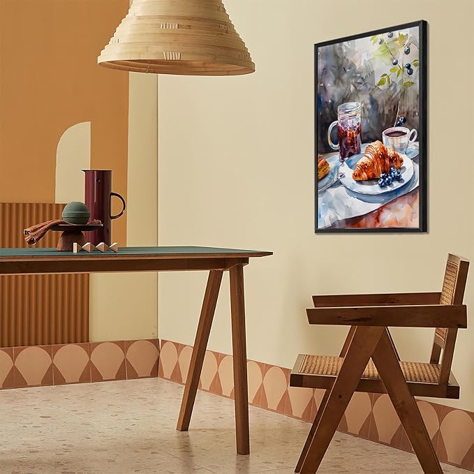 Vintage Coffee Food Kitchen Wall Art Colorful Bread Pastries Drinks Canvas Posters Funky Dining Table Plates Afternoon Tea Prints Painting For Modern Dining Room Cafe Wall Decor 12x16in Framed
