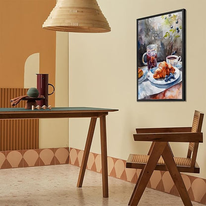 Vintage Coffee Food Kitchen Wall Art Colorful Bread Pastries Drinks Canvas Posters Funky Dining Table Plates Afternoon Tea Prints Painting For Modern Dining Room Cafe Wall Decor 12x16in Framed