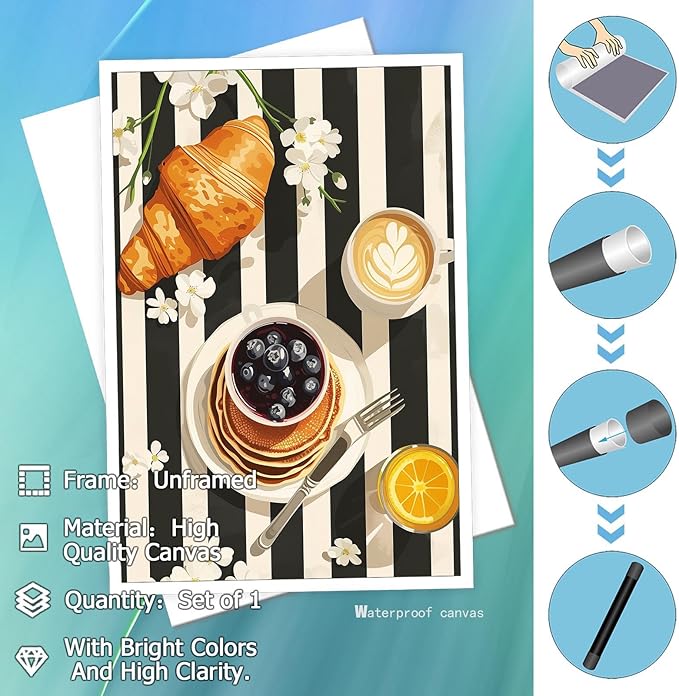 Vintage Black And White Kitchen Food Wall Art Funky Afternoon Tea Pastries Canvas Posters Colorful Cake Bread Oranges Prints Painting For Modern Dining Room Bakery Cafe Wall Decor 8x10in Unframed