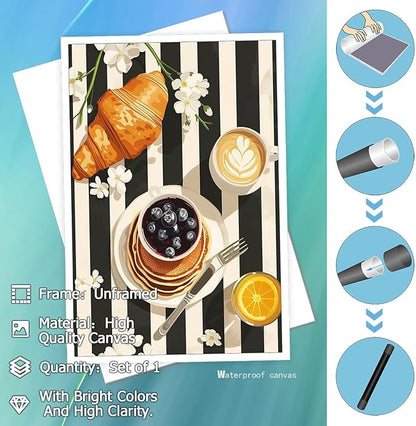 Vintage Black And White Kitchen Food Wall Art Funky Afternoon Tea Pastries Canvas Posters Colorful Cake Bread Oranges Prints Painting For Modern Dining Room Bakery Cafe Wall Decor 8x10in Unframed