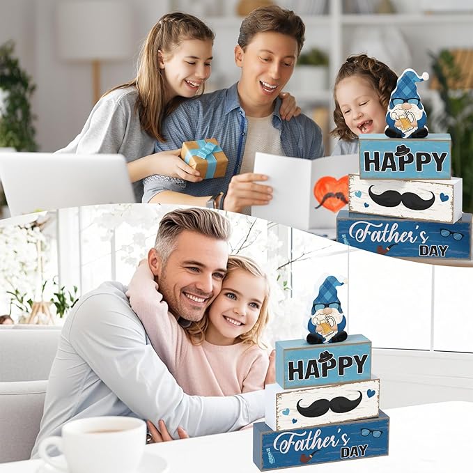 Blosssound 4 Pcs Father's Day Table Decorations Centerpieces Happy Father's Day Wooden Signs Retro Blue White Gnome Block Dad Appreciation Gifts Grandfather Birthday Party Supplies for Shelf Mantel