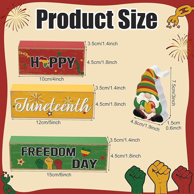 Blosssound 4 Pcs Juneteenth Table Decorations Centerpieces Happy Juneteenth Day Wooden Signs Gnome Freedom Day Wood Block Gifts for 1865 Black American Independence Party Tiered Tray Mantel Shelf
