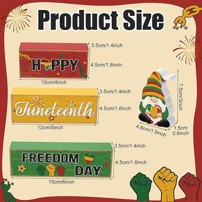 Blosssound 4 Pcs Juneteenth Table Decorations Centerpieces Happy Juneteenth Day Wooden Signs Gnome Freedom Day Wood Block Gifts for 1865 Black American Independence Party Tiered Tray Mantel Shelf