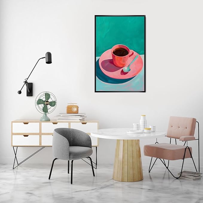 Vintage Afternoon Tea Black Coffee Wall Art Funky Pink Dinner Plate Food Canvas Posters Kitchen Coffee Pictures Prints Painting For Modern Home Dining Room Cafe Restaurant Wall Decor 8x10in Framed
