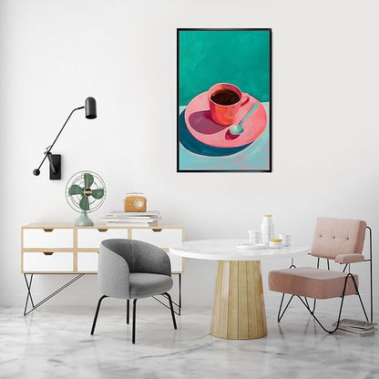 Vintage Afternoon Tea Black Coffee Wall Art Funky Pink Dinner Plate Food Canvas Posters Kitchen Coffee Pictures Prints Painting For Modern Home Dining Room Cafe Restaurant Wall Decor 8x10in Framed