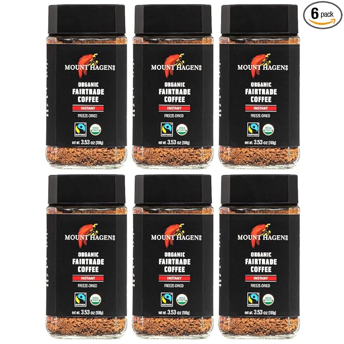 Mount Hagen 3.53oz Organic Freeze Dried Instant Coffee - 6 pack | Eco-friendly Coffee Made From Organic Medium Roast Arabica Beans | Fair-Trade Coffee Instant [6 x 3.53oz Jar]