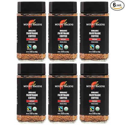 Mount Hagen 3.53oz Organic Freeze Dried Instant Coffee - 6 pack | Eco-friendly Coffee Made From Organic Medium Roast Arabica Beans | Fair-Trade Coffee Instant [6 x 3.53oz Jar]