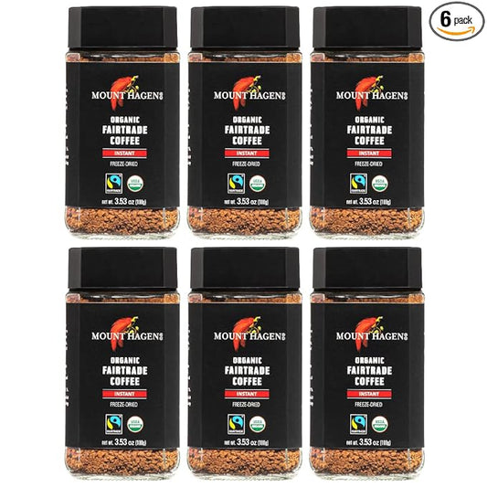 Mount Hagen 3.53oz Organic Freeze Dried Instant Coffee - 6 pack | Eco-friendly Coffee Made From Organic Medium Roast Arabica Beans | Fair-Trade Coffee Instant [6 x 3.53oz Jar]