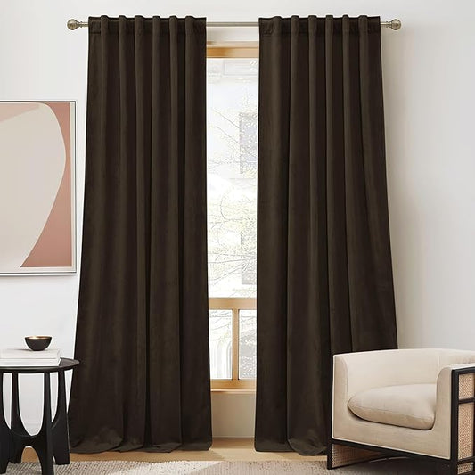 RYB HOME Dark Brown Velvet Curtains 72 inches, Back Tab Soft Fabric Room Darkening Thermal Insulated Luxurious Home Decor Curtains for Living Room Bedroom, W 52" x L 72", 2 Panels Set