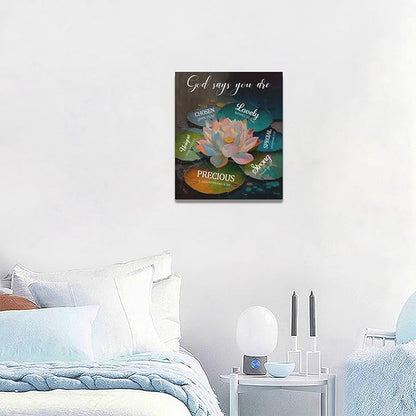 Lotus God Says You Are Wall Art Zen Scripture Pictures Wall Decor Religious Bible Verse Canvas Painting Home Modern Artwork Decorations Framed for Bathroom Living Room Bedroom Office 20 x 24 inch