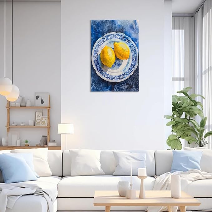 Vintage Yellow Fruit Orange Kitchen Wall Art Funky Blue Dining Table Plates Ceramics Canvas Posters Family Restaurant Food Fruits Prints Painting For Modern Living Room Wall Decor 8x10in Framed
