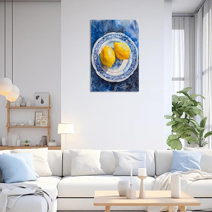 Vintage Yellow Fruit Orange Kitchen Wall Art Funky Blue Dining Table Plates Ceramics Canvas Posters Family Restaurant Food Fruits Prints Painting For Modern Living Room Wall Decor 16x24in Framed
