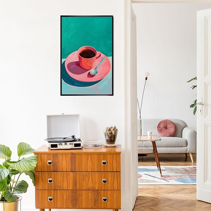 Vintage Afternoon Tea Black Coffee Wall Art Funky Pink Dinner Plate Food Canvas Posters Kitchen Coffee Pictures Prints Painting For Modern Home Dining Room Cafe Restaurant Wall Decor 8x10in Framed