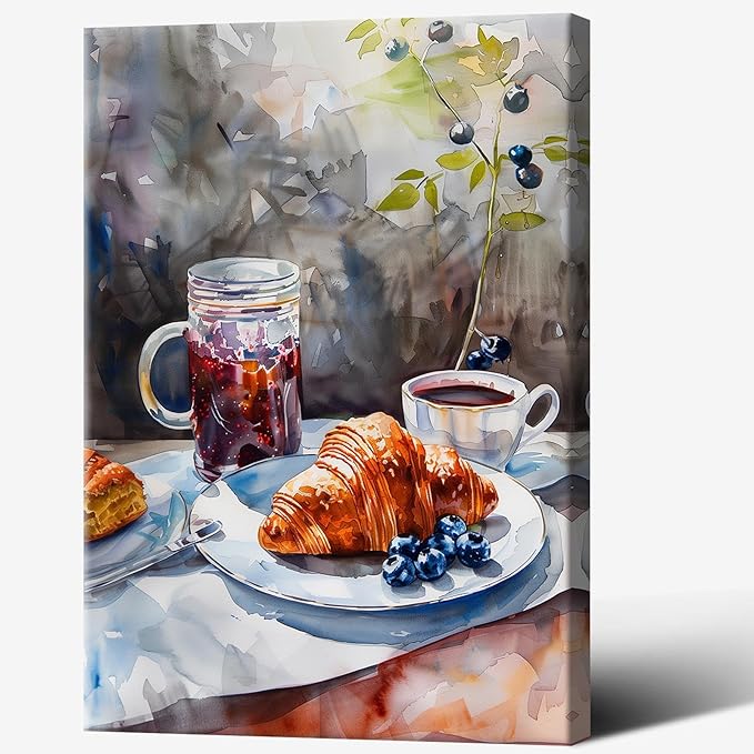 Vintage Coffee Food Kitchen Wall Art Colorful Bread Pastries Drinks Canvas Posters Funky Dining Table Plates Afternoon Tea Prints Painting For Modern Dining Room Cafe Wall Decor 8x10in Framed